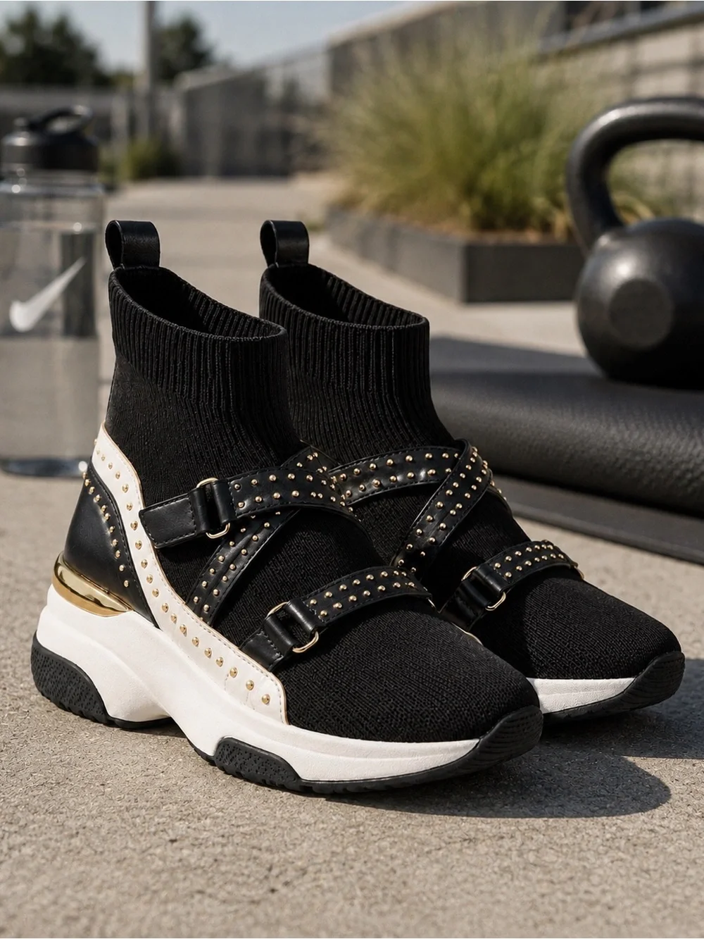 CARVELA Black Kurt Geiger Listen High Top Sock Trainers Studded Buckle Strap 8